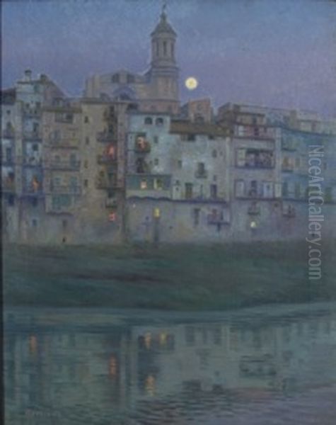 Nit de lluna a Girona Oil Painting by Prudenci Bertrana