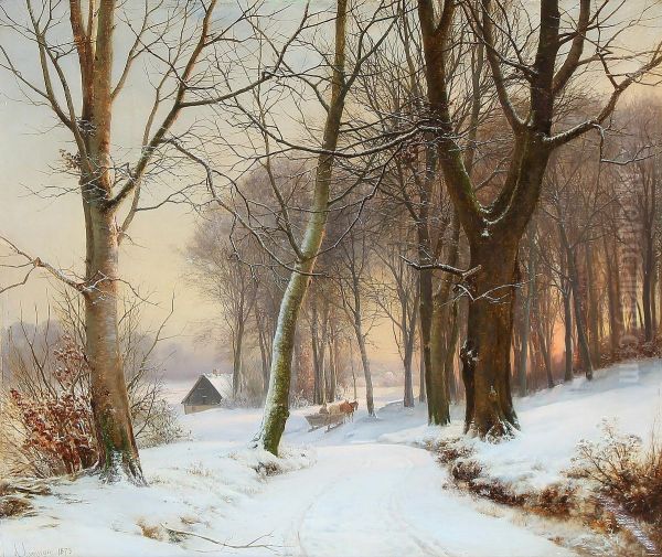 A winter landscape at sunrise. Oil Painting by Anders Andersen-Lundby