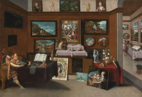 The interior of a picture gallery with connoisseurs admiring paintings Oil Painting by Frans Francken the Younger