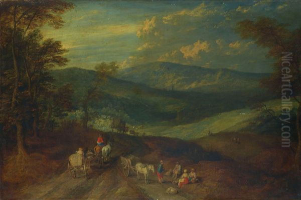 An extensive mountainous landscape with travellers on a path. Oil Painting by Jan Brueghel the Younger