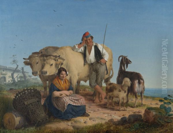 A couple of Lombard peasants with their animals Oil Painting by Angelo Inganni