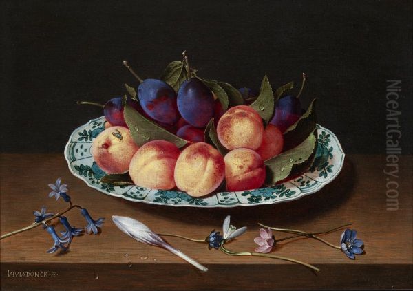 Nectarines and plums in a Wan Li dish Oil Painting by Jacob van Hulsdonck