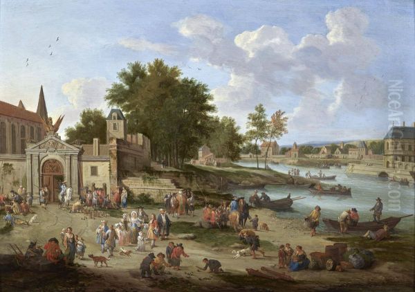 Townsfolk gathering on the Shore of an Estuary Oil Painting by Mathys Schoevaerdts