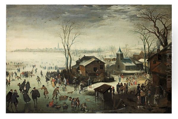 a landscape with elegant figures skating and boys fighting with snowballs in the foreground, beside a village and a view of Antwerp in the distance beyond Oil Painting by Jan Wildens