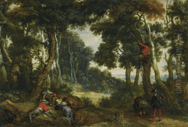 Wooded landscape with brigands playing dice, another brigand up in a tree, on the lookout Oil Painting by Jan Wildens