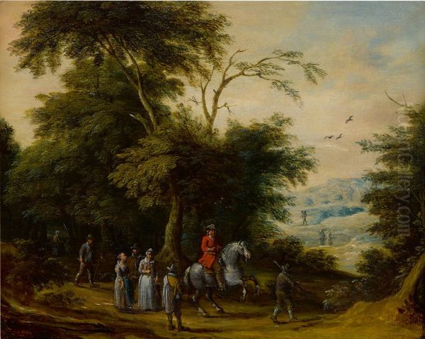 Wooded landscape with a cavalryman and other figures in the foreground Oil Painting by Adriaen Van Stalbemt