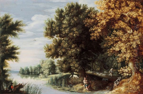 Landscape with bagpipe player Oil Painting by Jasper van der Lanen