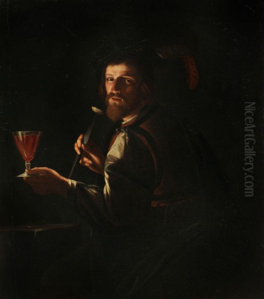 Young mercenary with wine glass Oil Painting by Jan Cossiers