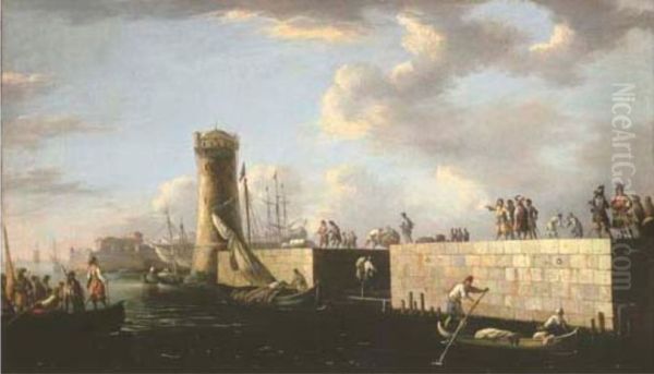 Mediterranean quay with sailors merchants and stevedores Oil Painting by Cornelis de Wael