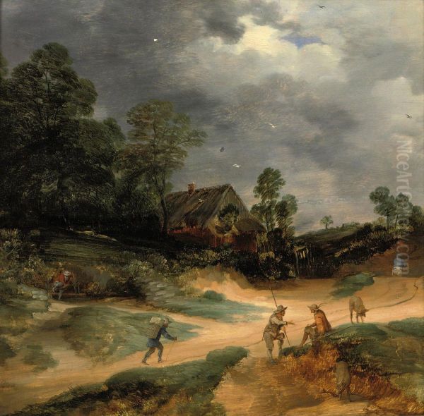 A dune landscape with figures and pigs on a track near a cottage Oil Painting by Lodewijk De Vadder