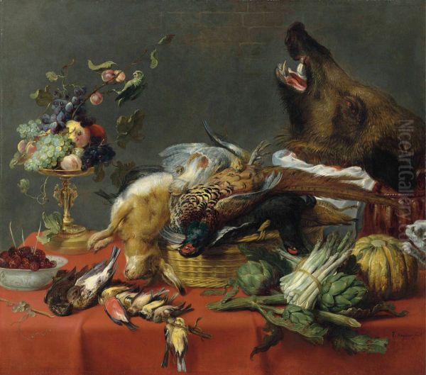 Draped table laden with game, fruit, vegetables and a boar's head Oil Painting by Frans Snyders