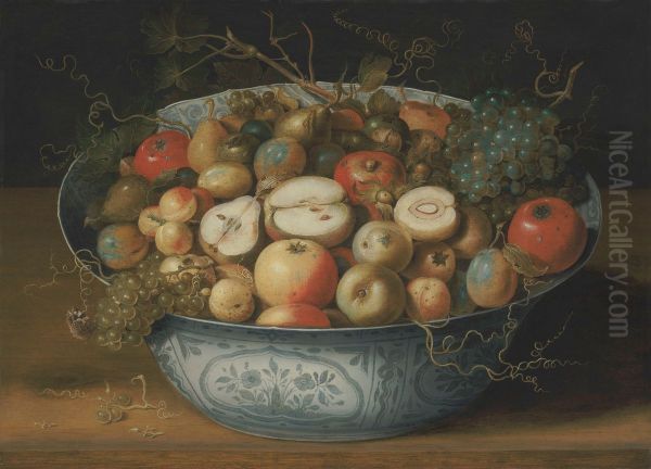 Chinese bowl with apples, plums, grapes and nuts Oil Painting by Osias Beert