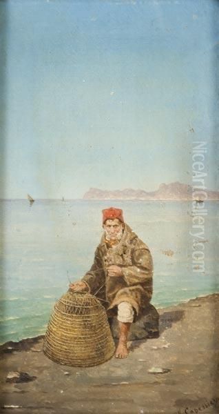 Pescatore Con Veduta Di Capri Oil Painting by Vittorio Capessiero