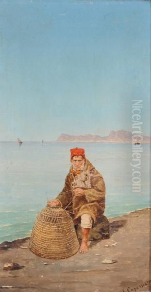 Pescatore Che Ripara Una Nassa Oil Painting by Vittorio Capessiero