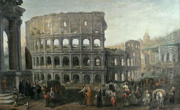 View of the Colosseum with numerous figures in the foreground Oil Painting by Cornelis de Wael