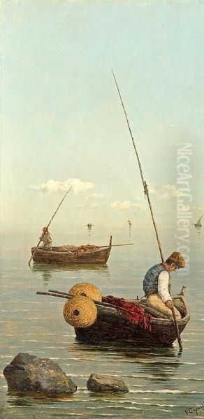 Fishermen In Boats Oil Painting by Vittorio Capessiero