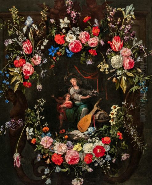 Flower Garland around an Allegory of the Vanity of Human Life Oil Painting by Frans Ykens