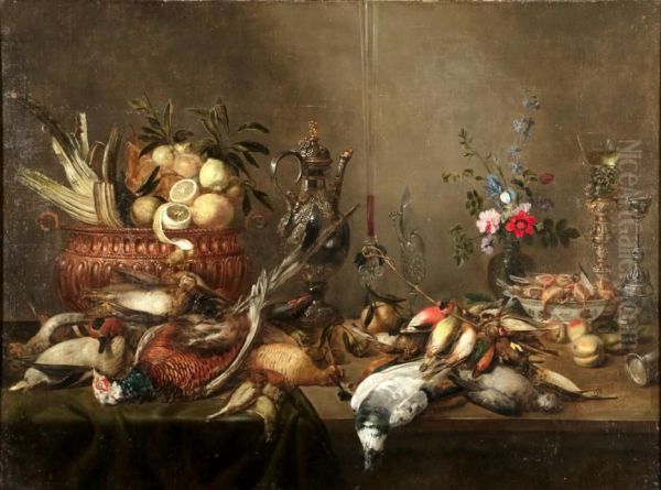 A large pronk still life with flowers, fruit and fowl Oil Painting by Frans Ykens