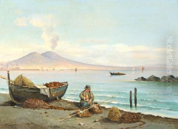 Pescatorello Sulla Spiaggia Davanti Al Vesuvio Oil Painting by Vittorio Capessiero