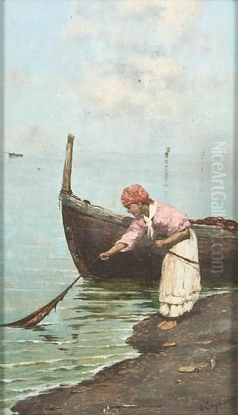 A Fisher Girl Pulling In A Net Oil Painting by Vittorio Capessiero