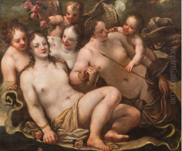 Venus, Amor and the Three Graces Oil Painting by Pietro Liberi