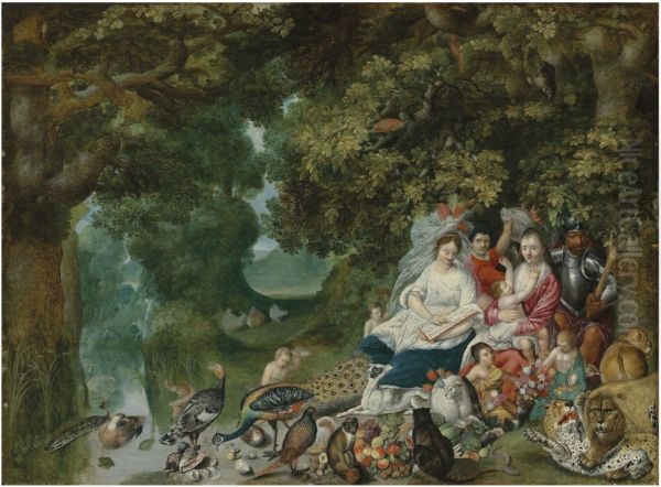 Wooded landscape with an Allegory of the Four Elements Oil Painting by Adriaen Van Stalbemt