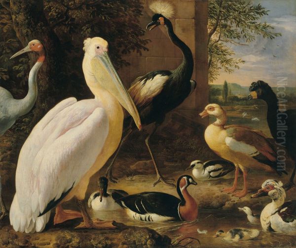 Pelican, crowned crane, curassow, sarus crane and ducks in a river landscape Oil Painting by Melchior D'Hondecoeter