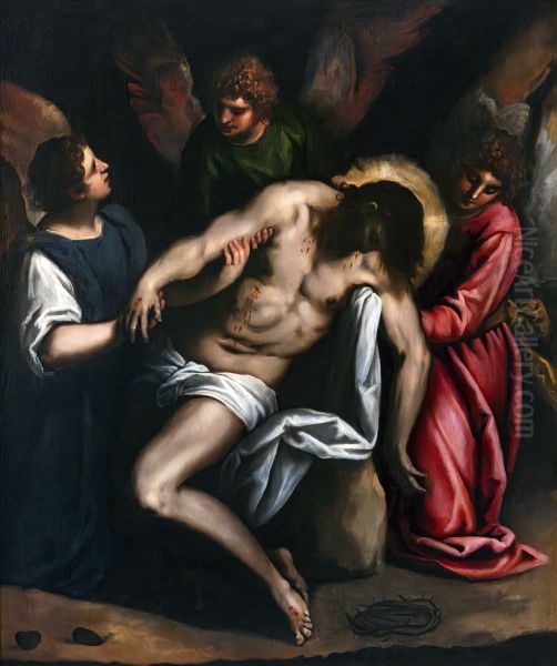 Dead Christ Supported by Three Angels Oil Painting by Palma il Giovane