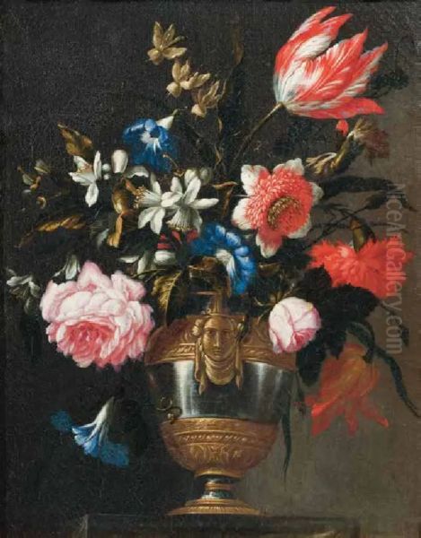 Flowers in a vase with a sculpted mask Oil Painting by Francesco Caldei