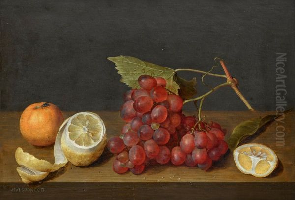 Still life with a bunch of grapes and a peeled lemon on a ledge Oil Painting by Jacob van Hulsdonck