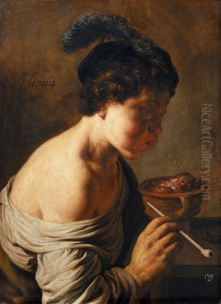 A youth blowing on coals. Oil Painting by Jan Lievens