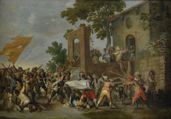 Battle scene in a village Oil Painting by Cornelis de Wael