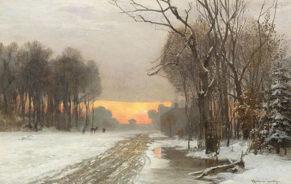 Deer at sunset in a winter landscape. Oil Painting by Anders Andersen-Lundby