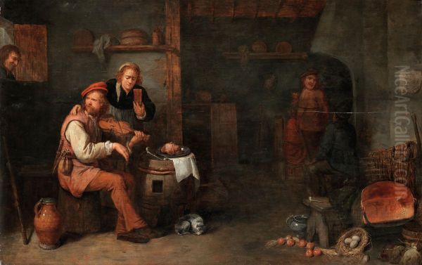 Fiddler in an interior Oil Painting by David Ryckaert III