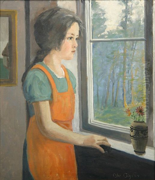 A young woman at a window. Oil Painting by Christian Aigens