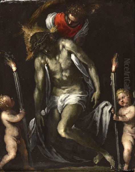 The Dead Christ Supported by an Angel with two putti each supporting a Cero Oil Painting by Palma il Giovane