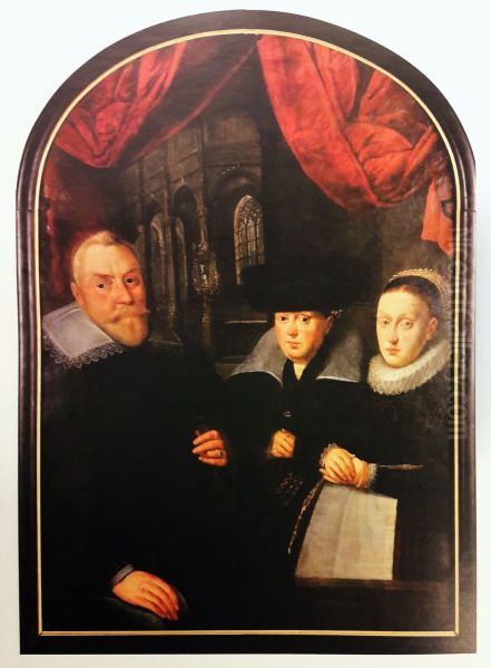 Portrait of Christian Henning with his wife and daughter. Oil Painting by Herman Hahnor follower