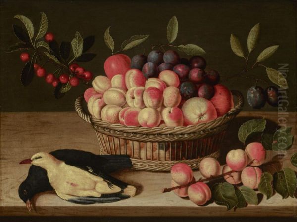 Still Life with a Basket of Peaches, Plums and Cherries together with a Blackbird and a Yellow Oriole on a Ledge Oil Painting by Abraham Gibbens