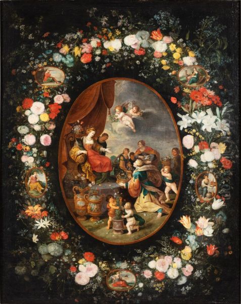 The Triumph of Flora with a garland of flowers and allegories of the Five Senses Oil Painting by Frans Francken the Younger