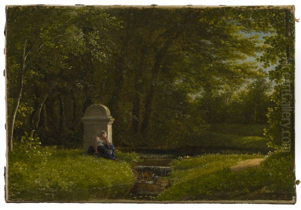 Vattendrag vid skogsglanta med altare tillagnat Karleken i den norra parken vid Ermenonville Oil Painting by Alexandre-Hyacinthe Dunouy