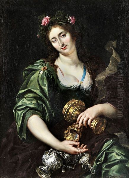 The Libyan sibyl as a courtly lady with decorative silverware and gold pieces Oil Painting by Jan van den Hoecke