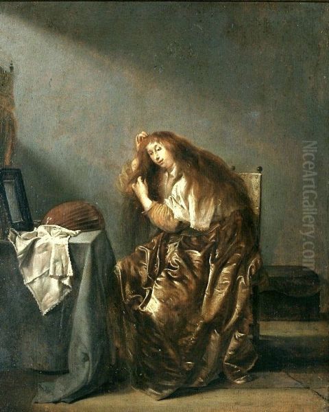 Woman combing her hair in front of a mirror. Oil Painting by Pieter Codde