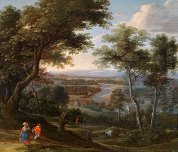 Wide wooded landscape with rustic figures Oil Painting by Jacques Fouquier