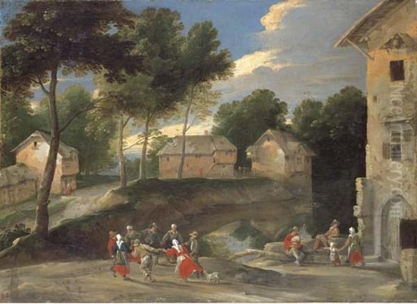 Village landscape with villagers dancing to the bagpipes Oil Painting by Jacques Fouquier