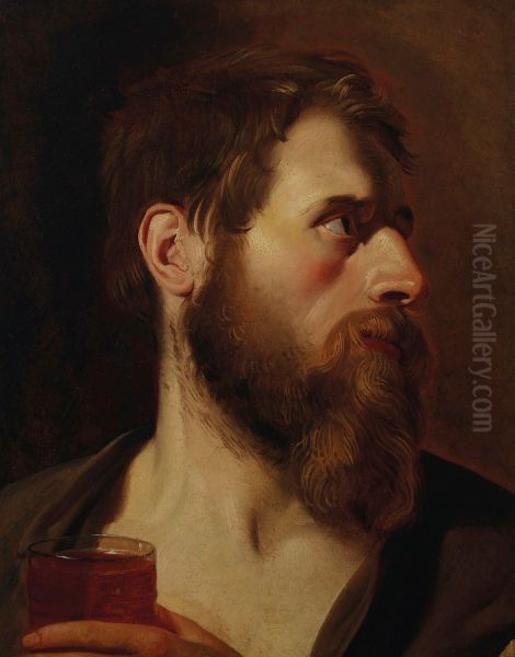 Head of a bearded man with a glass of wine Oil Painting by Jacob van Oost