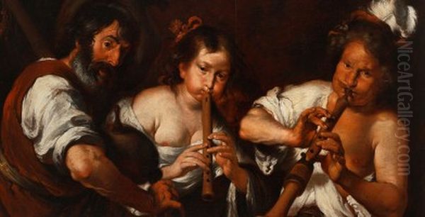 Street musicians. Oil Painting by Bernardo Strozzi