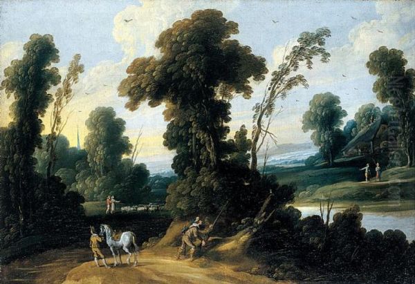 Landscape with travelers and a shepherd with his flock Oil Painting by Pieter van der  Hulst (II)