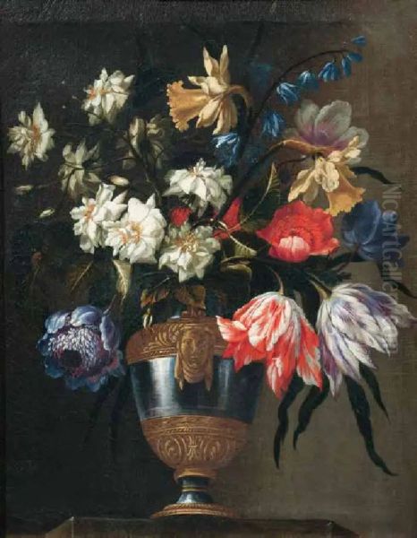 Flowers in a vase with a sculpted mask (2) Oil Painting by Francesco Caldei