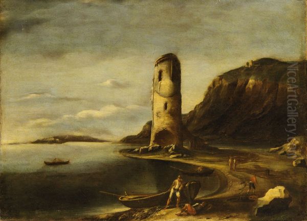 Coastal landscape with tower, boats and figures Oil Painting by Antonio Travi