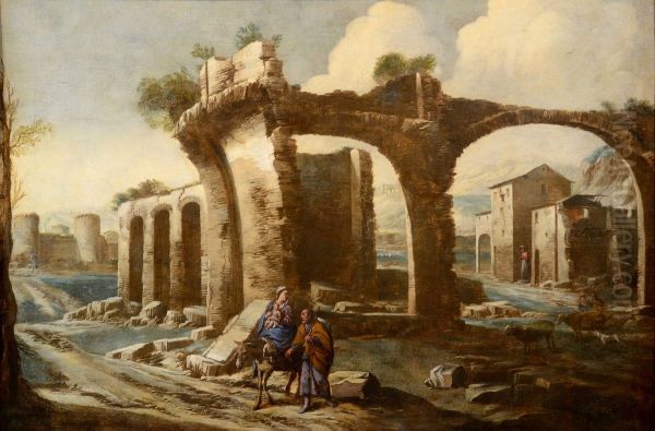 Landscape with ruins and a biblical scene Oil Painting by Antonio Travi